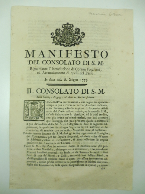 Manifesto del Consolato di S. M. riguardante l'introduzione de' Corami Forastieri ed acconciamento di quelli del Paese in data delli 6 giugno 1757